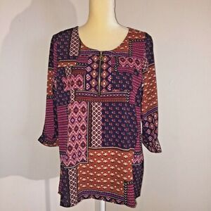 Cathy Daniels Company Women's Blouse Tunic Size S 3/4 Roll Tab Sleeve Multicolor